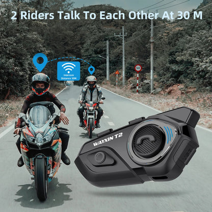 WAYXIN T2 Motorcycle Helmet Bluetooth Headset – Waterproof 300M Intercom for 2 Riders, BT 5.1 Moto Interphone