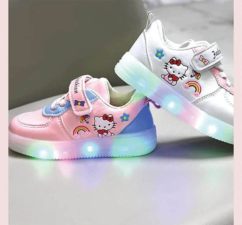 LED Kids Shoes for Girls — Cute Hello Kitty Cartoon Canvas Sneakers, Soft-Bottom Casual Shoes, Baby Girl Kawaii Footwear