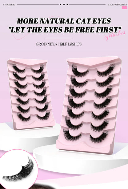 GROINNEYA Cat Eye False Eyelashes – Natural Long Clear Band Winged End Faux Mink Lashes for Eye-Enhancing Makeup