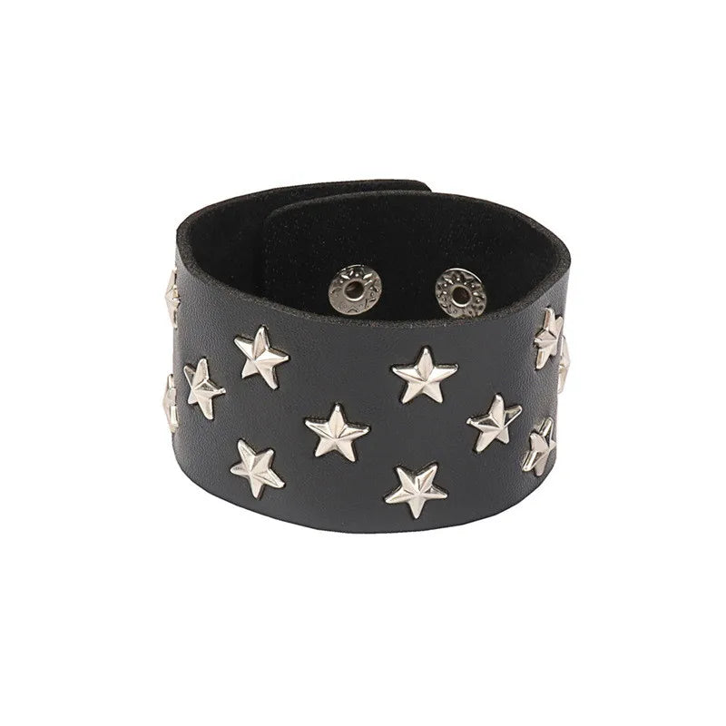 90s Punk Style Bracelet – PU Leather with 3 Rows of Spikes & Square Studs, Fashion Bangle for 2024