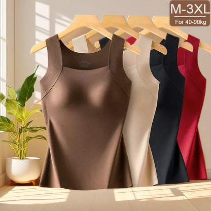 Women’s Plus Size Thermal Vest with Built-In Bra - Seamless Square Neck Skin-Friendly Shaping Tank Top