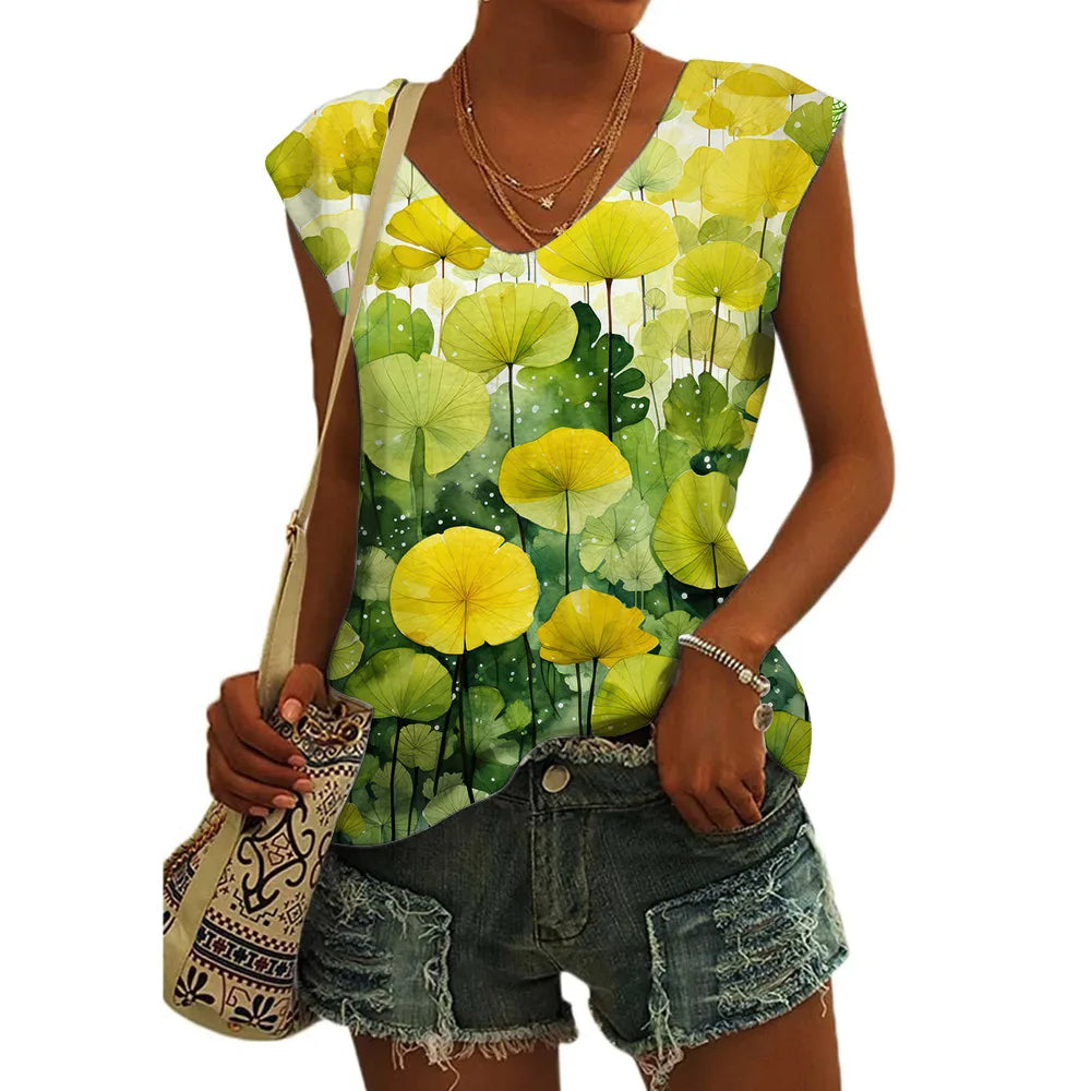 Women’s Floral Print T-Shirt - V Neck Cap Sleeve Loose Fit Summer Beach Top with Breathable Casual Style
