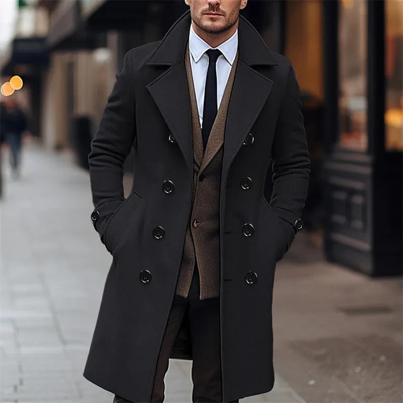 Men's Wool Blend Trench Coat - Double-Breasted Business Casual Winter Overcoat