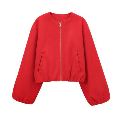 TRAF Women’s Red Zipper Bomber Jacket – Soft Cropped Sports Jacket, Long Sleeve 2024 Outerwear