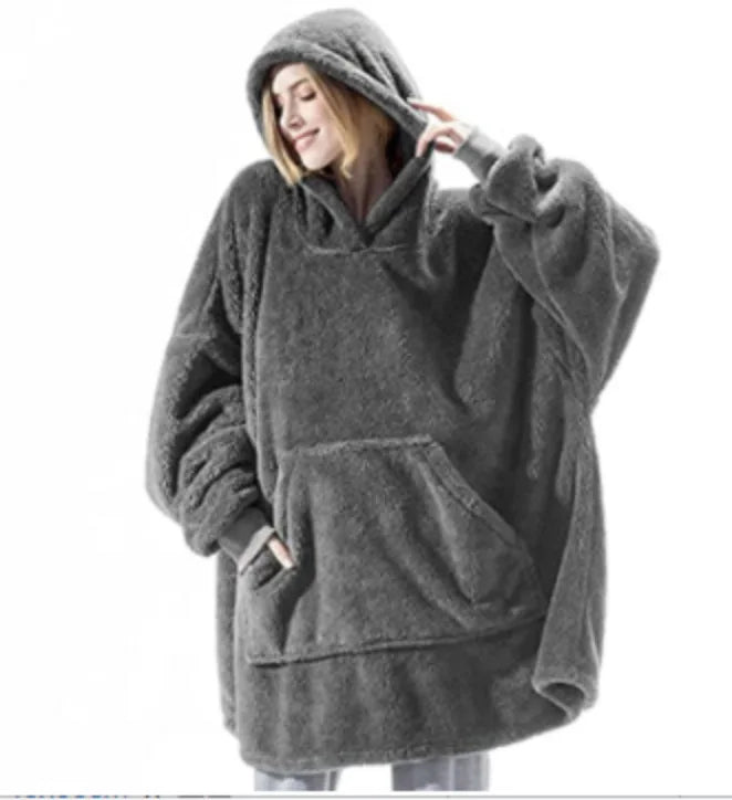 Oversized Fleece Hoodie Blanket - Warm Double-Faced Sherpa Robe with Large Pocket for Women & Men
