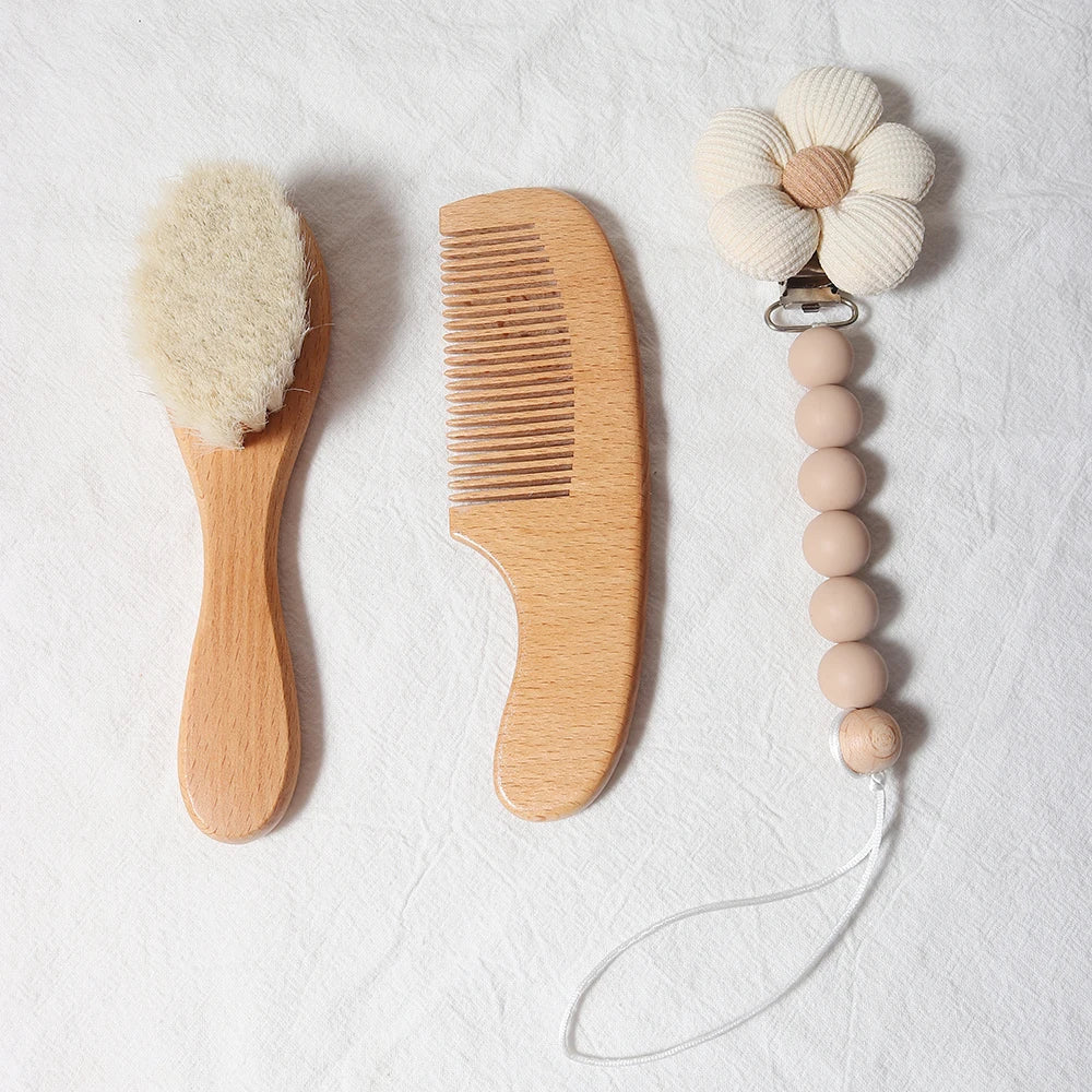Baby Hair Care Gift Set - Natural Wool Brush, Wooden Comb, Bib and Pacifier Clip for Newborns