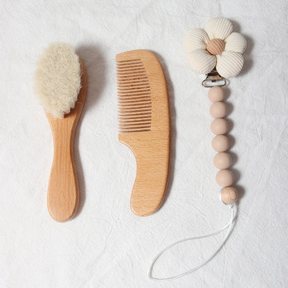 Baby Hair Care Gift Set - Natural Wool Brush, Wooden Comb, Bib and Pacifier Clip for Newborns