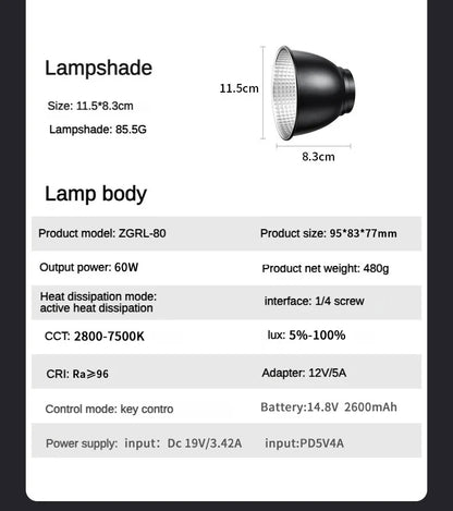 60W Pro Portable LED Video Light – COB Bi-Color Photography Light (2800K-7500K) for Livestreaming, Handheld Outdoor Shooting