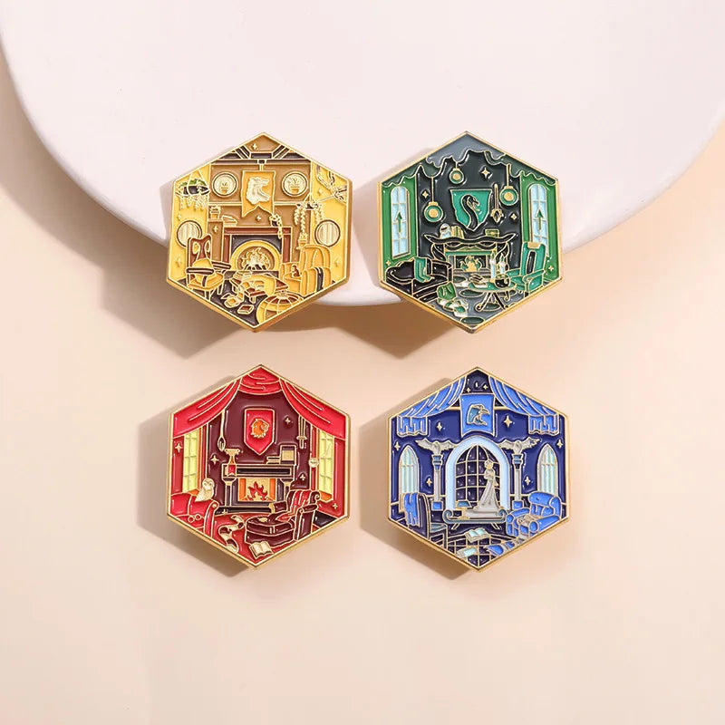 4-Piece Magic Academy Enamel Brooch Set - Movie-Inspired Lapel Pins for Backpacks, Coats, Cosplay & Party Gifts