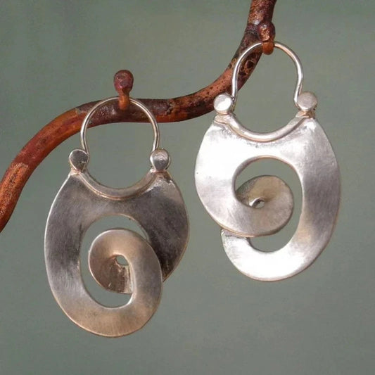 Gypsy Curl Spiral Hoop Earrings – Vintage Silver Hollow Metal Winding Dangle Earrings for Women Jewelry