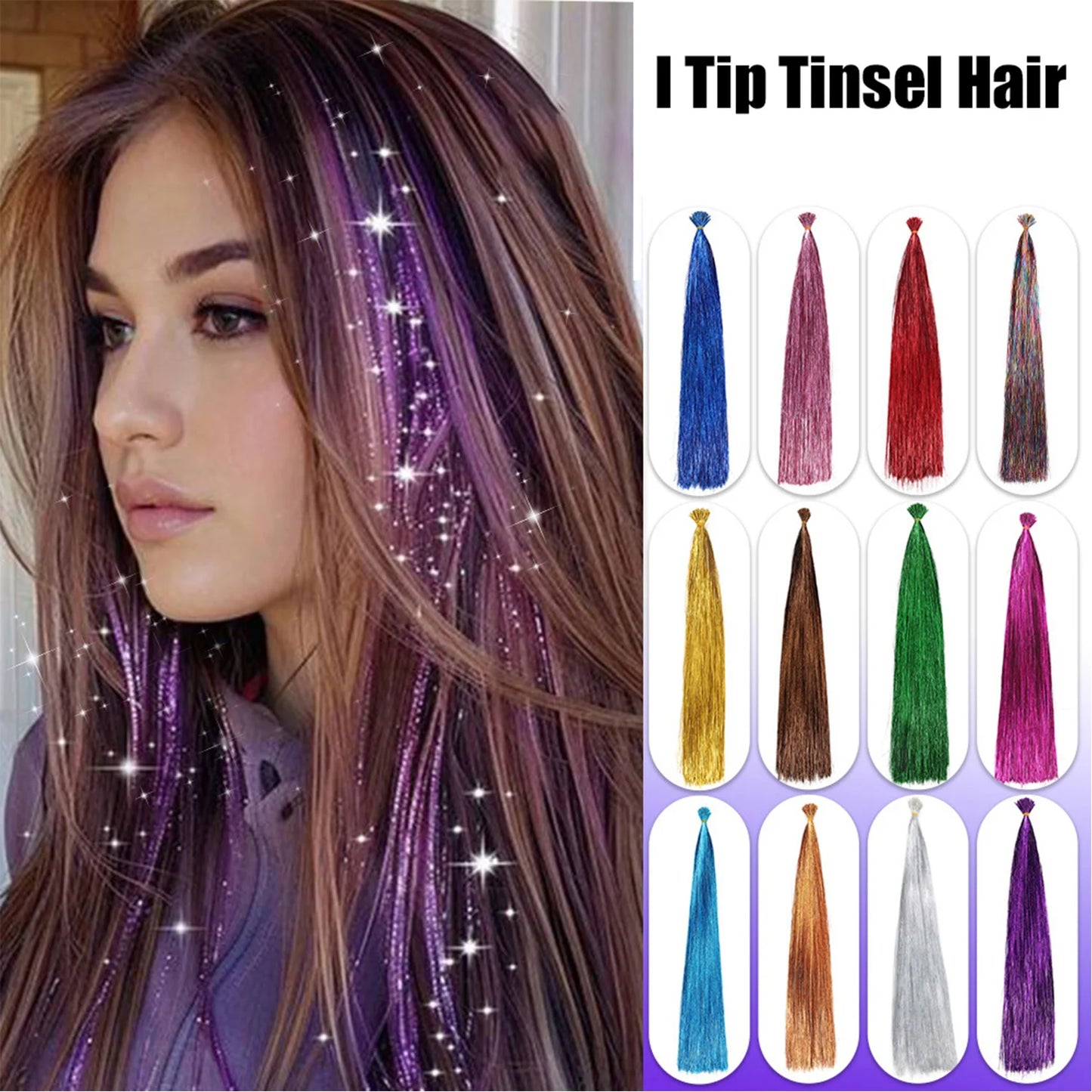 50PCS I-Tip Glitter Hair Extensions - Synthetic Fairy Tinsel Hair Strands for Women & Girls Party Hair Accessories