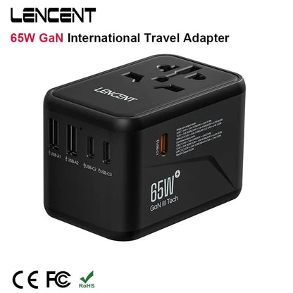LENCENT 65W/100W GaN Fast Charging International Travel Adapter - 2 USB and 3 Type-C Ports, Includes EU, AU, US, UK Plugs