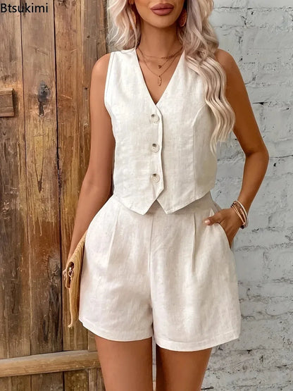 2026 Women’s Summer 2-Piece Set – Solid Cotton Linen V-Neck Sleeveless Vest Top & Shorts Casual Sexy Outfit