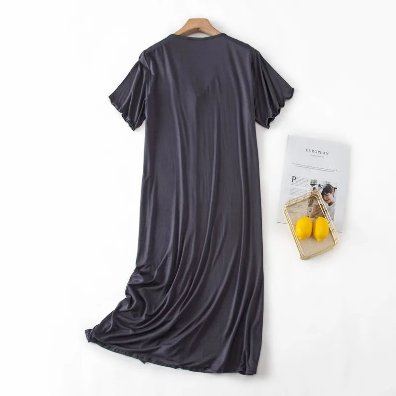 Women’s Modal Short-Sleeve Night Dress – Mid-Length Cotton Sleep Top with Buttons, Plus Size Pajamas