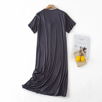 Women’s Modal Short-Sleeve Night Dress – Mid-Length Cotton Sleep Top with Buttons, Plus Size Pajamas