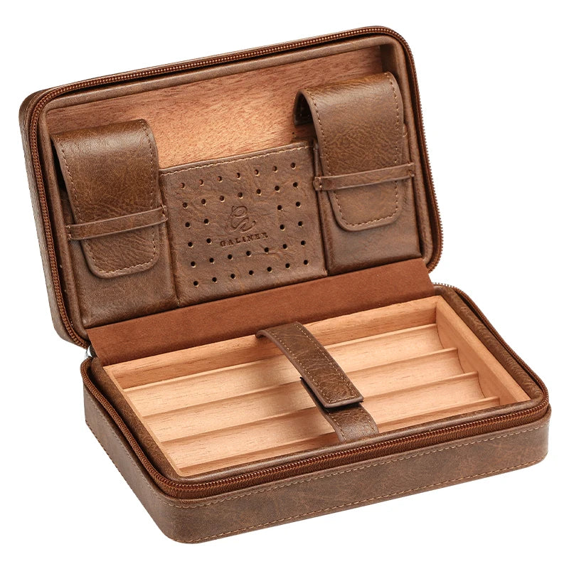 GALINER Cigar Humidor Box – Travel Leather Case with Cedar Wood Lining, Includes or Excludes Lighter, Cigar Cutter & Humidity Control Pack
