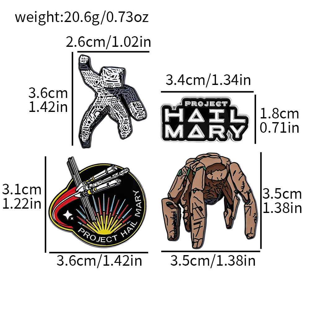 Project Hail Mary 4-Piece Enamel Pin Set - Sci-Fi Book and Movie Collectible Badges Featuring Rocky and Grace's Sculpture