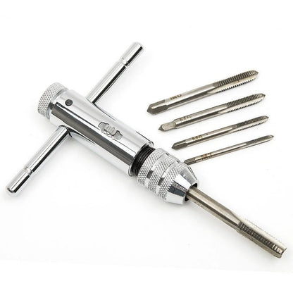 Adjustable Silver T-Handle Ratchet Tap Holder Wrench – 5pcs M3-M8 Machine Screw Thread Metric T-shaped Tap