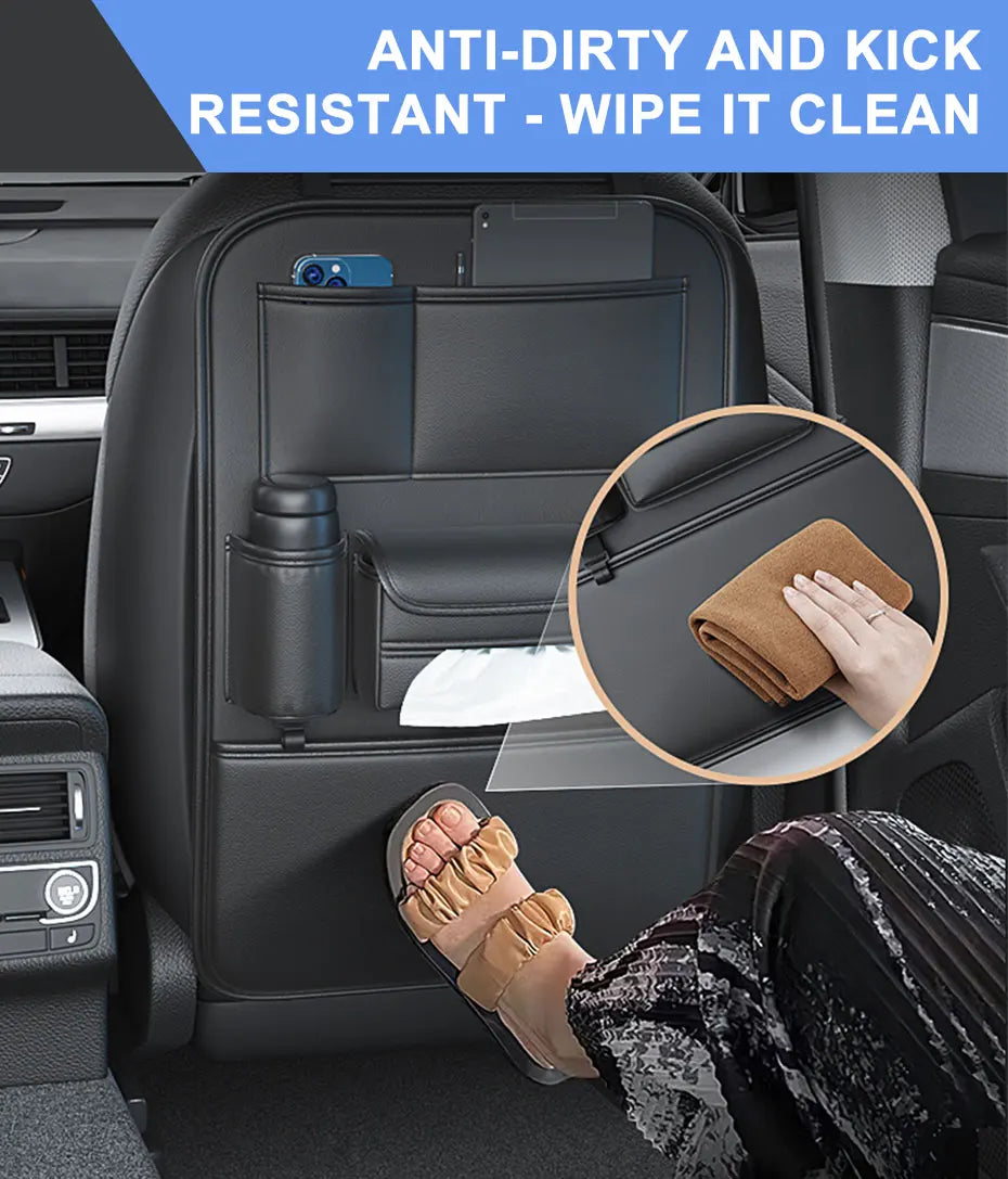 All-in-One Car Seat Back Storage Bag – Upgraded 6 Pocket Organizer with Hook, Tissue Holder, Anti-Kick Pad & Cup Holder