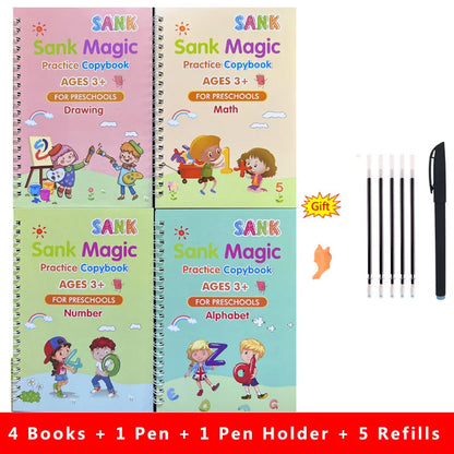 4-Piece Magic Practice Copybook Set with Pen — Reusable English Calligraphy Writing Book for Kids & Preschoolers