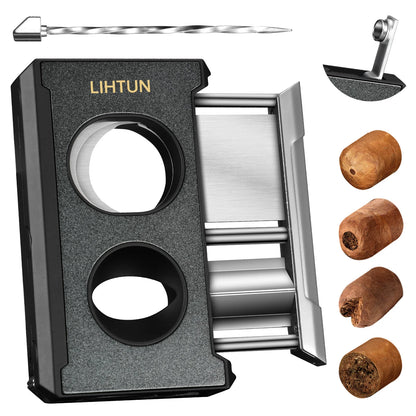 4-in-1 Cigar Cutter Guillotine – Straight Cut, V Cutter, Punch & Draw Enhancer, Stainless Steel Cigar Clippers