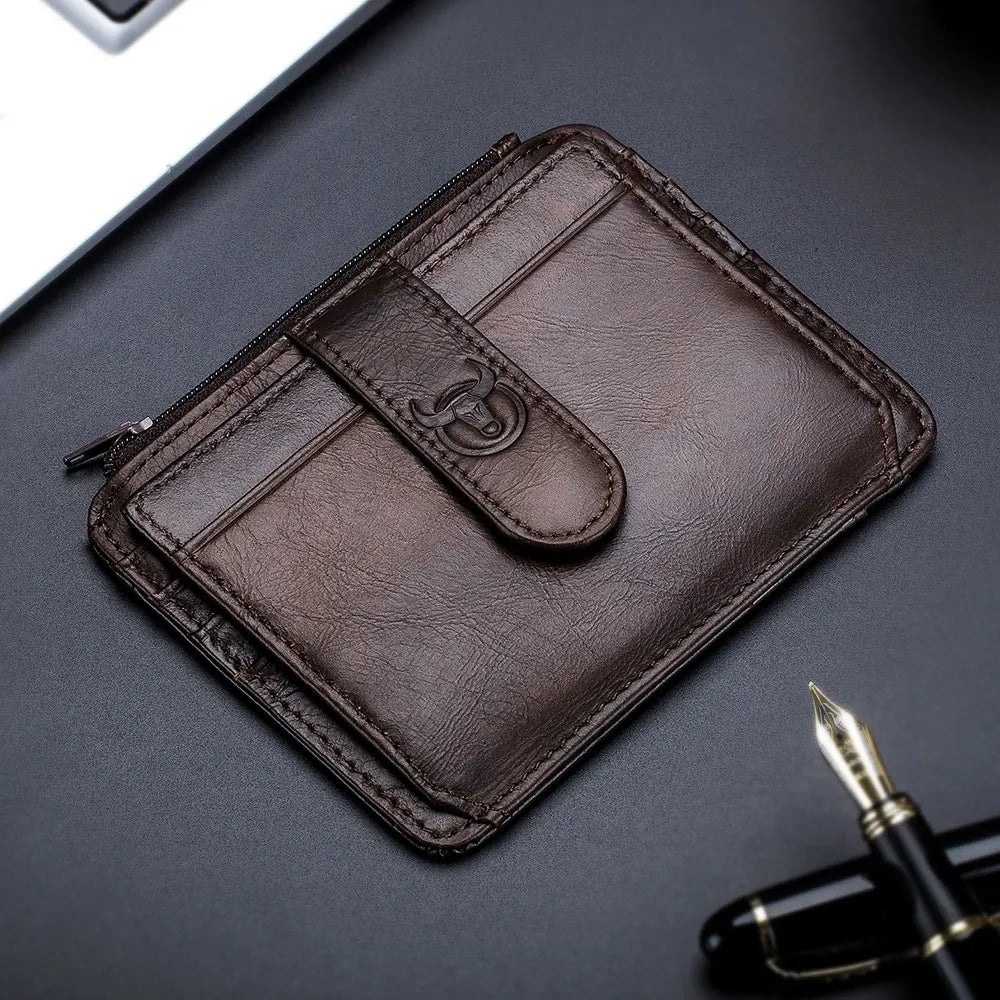 BULLCAPTAIN Genuine Leather RFID Zipper Card Holder – Slim Mini Wallet for Credit Cards & ID, Men’s Business Wallet