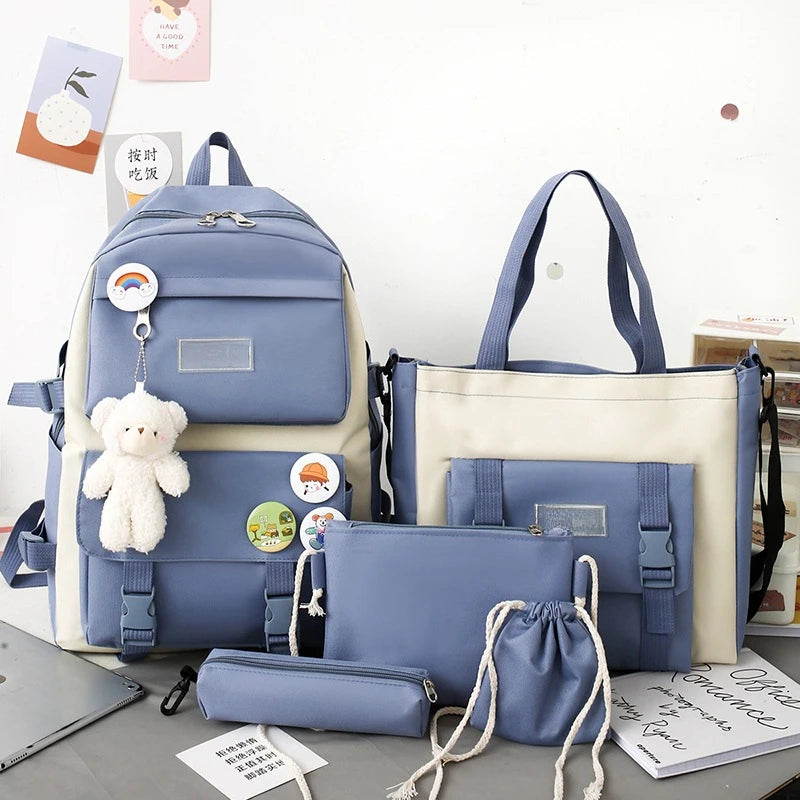 5-Piece School Bag Set – Canvas Backpacks for Teenage Girls & Women, Solid Color Student Schoolbags