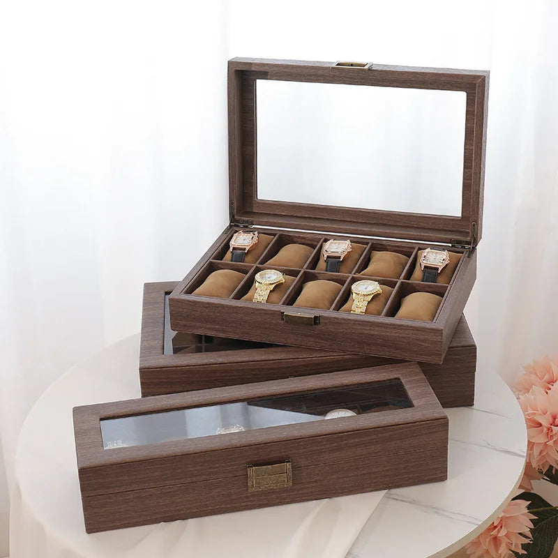 DELESYS Retro Wood Grain Leather Watch Box — Creative Storage Case for Watches, Glasses & Accessories, Gift Box