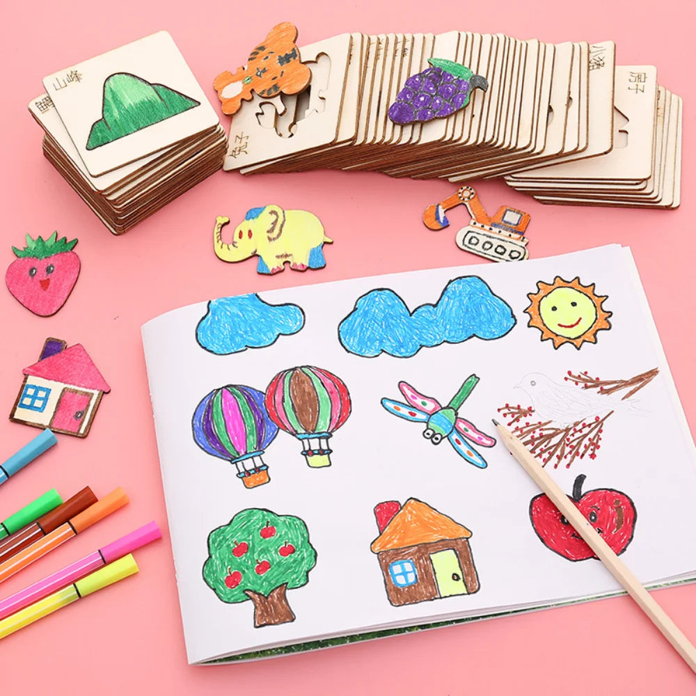 20pcs Montessori Wooden Drawing Toys – DIY Painting Template Stencils, Educational Learning Gift for Children