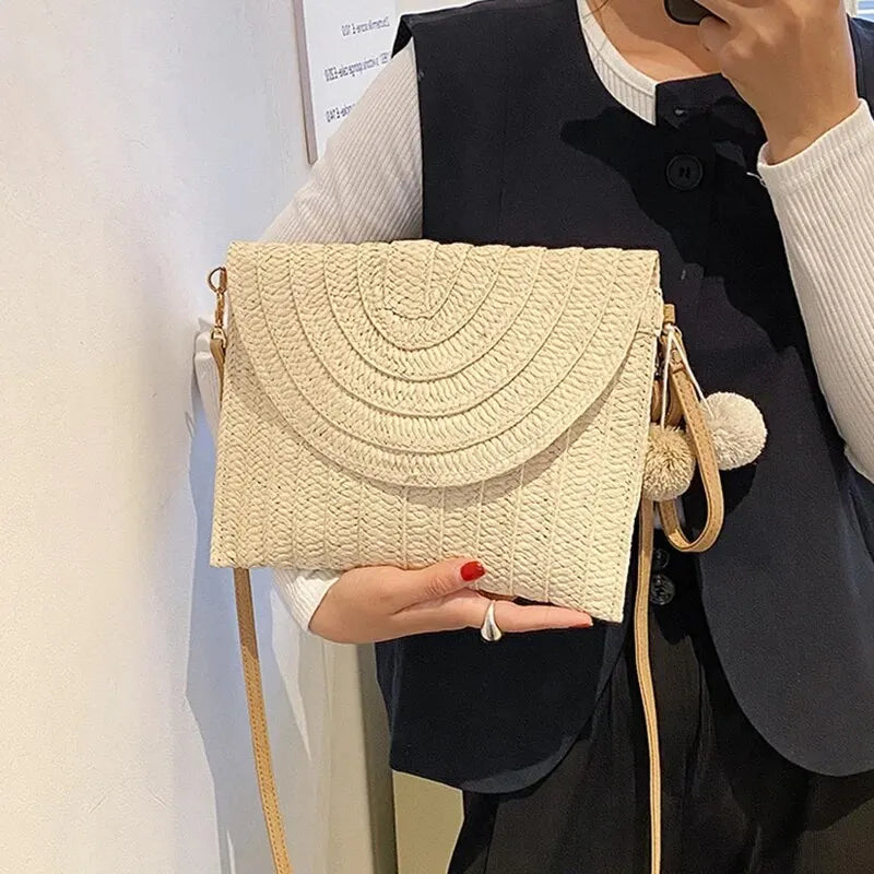 Handmade Straw Beach Bag – Small Woven Summer Shoulder Crossbody Clutch with Hair Ball