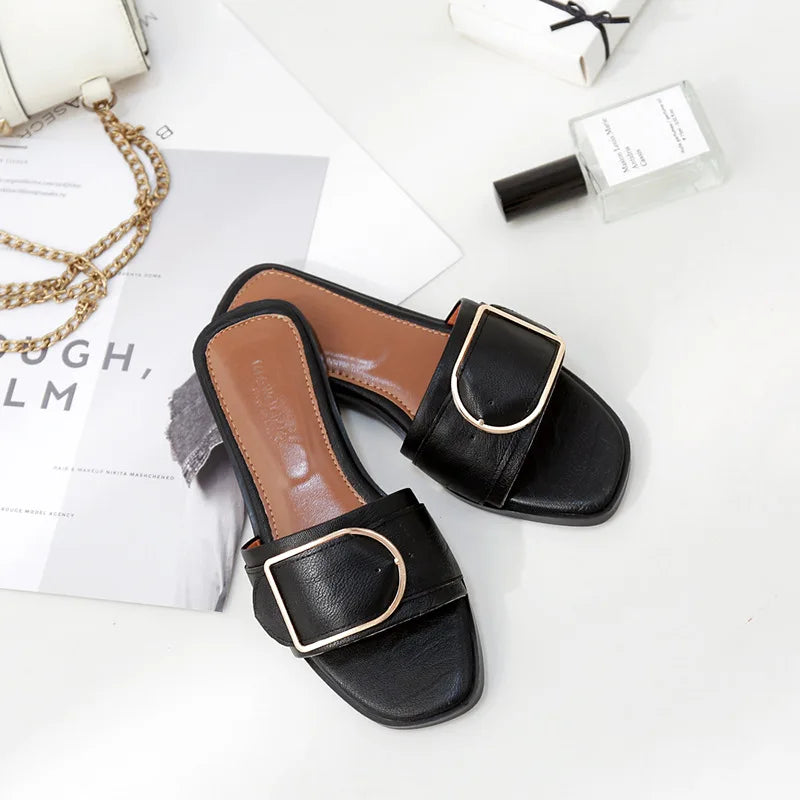 Women’s Flat Slippers — Summer Leather Square Toe Flats, Designer Slides & Luxury Sandals