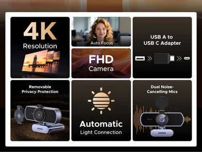 UGREEN 4K FHD 1080P 8MP Webcam – PDAF Auto Focus, Dual AI Noise-Cancelling Mics for PC, Zoom, Teams & Google Meet