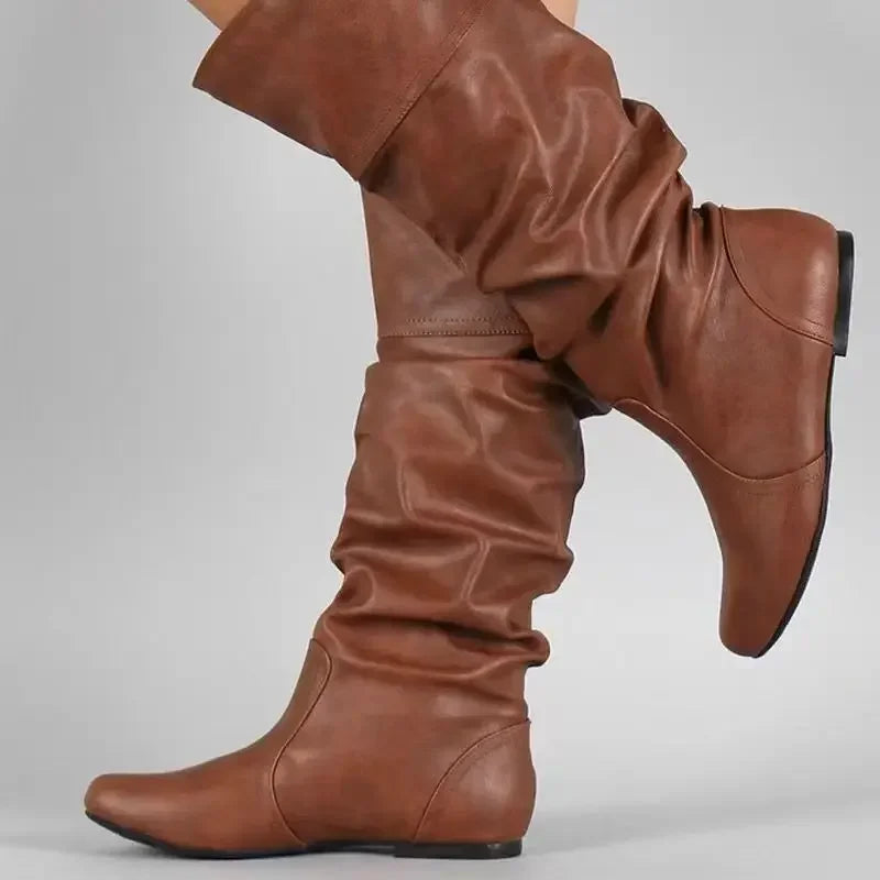 Women’s Mid-Calf Cowboy Boots – Flat Western Style Faux Leather Spring Autumn Shoes 35–43