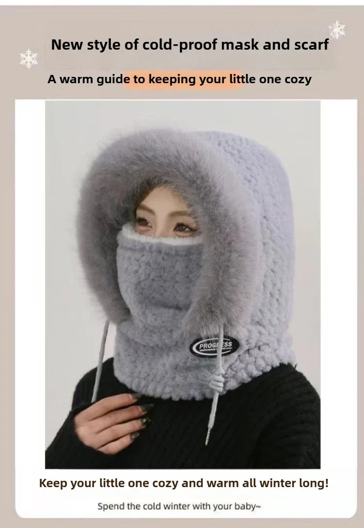 Women’s Winter Plush Hat with Hood & Scarf – Warm Thick Windproof Thermal Cap with Ear Protection for Outdoor Cycling & Riding
