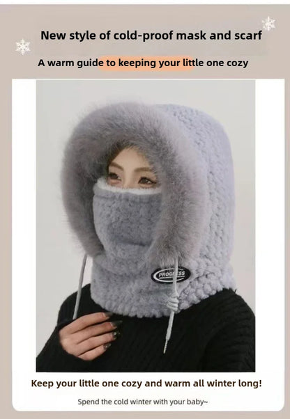 Women’s Winter Plush Hat with Hood & Scarf – Warm Thick Windproof Thermal Cap with Ear Protection for Outdoor Cycling & Riding