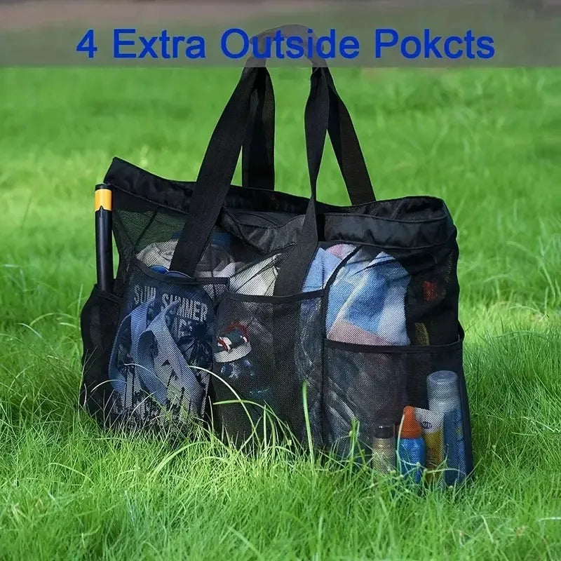 Extra Large Beach Bag - Lightweight, Waterproof, Foldable with Mesh Straps, Zippered Pockets & Fixed Shoulder Straps