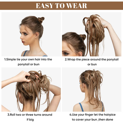Synthetic Elastic Messy Bun Hairpiece – Curly Scrunchie Chignon, Black, Blonde, Brown Updo Donut for Women, Natural Fake Hair
