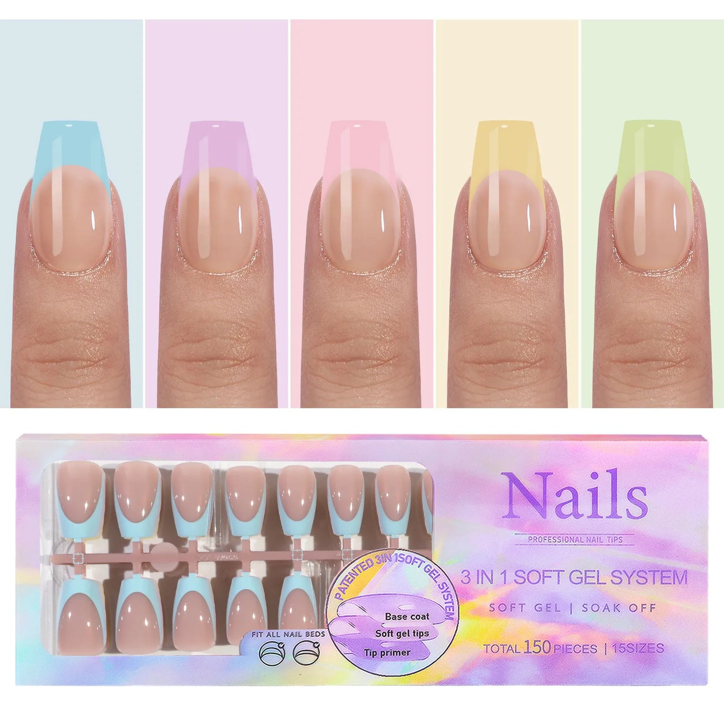 150PCS Press On Fake Nails - 6 Color Multi-Size Almond Acrylic Nails with French Style Removable Design