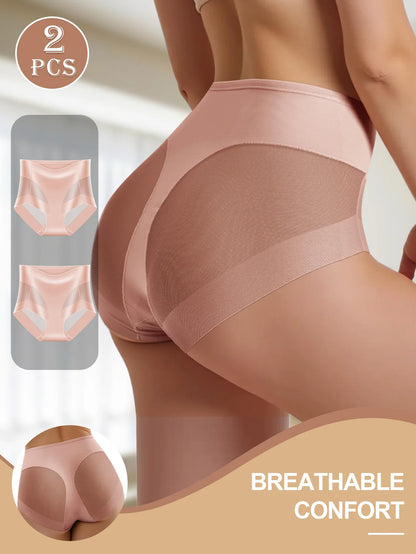 2PCS Women's High Waist Seamless Briefs – Soft Breathable Mesh Underwear in Solid & Contrast Colors