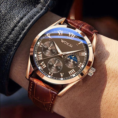 Fashion Business Three-Eye Roman Dial Quartz Watch - Bamboo Belt, Elegant & Stylish Timepiece