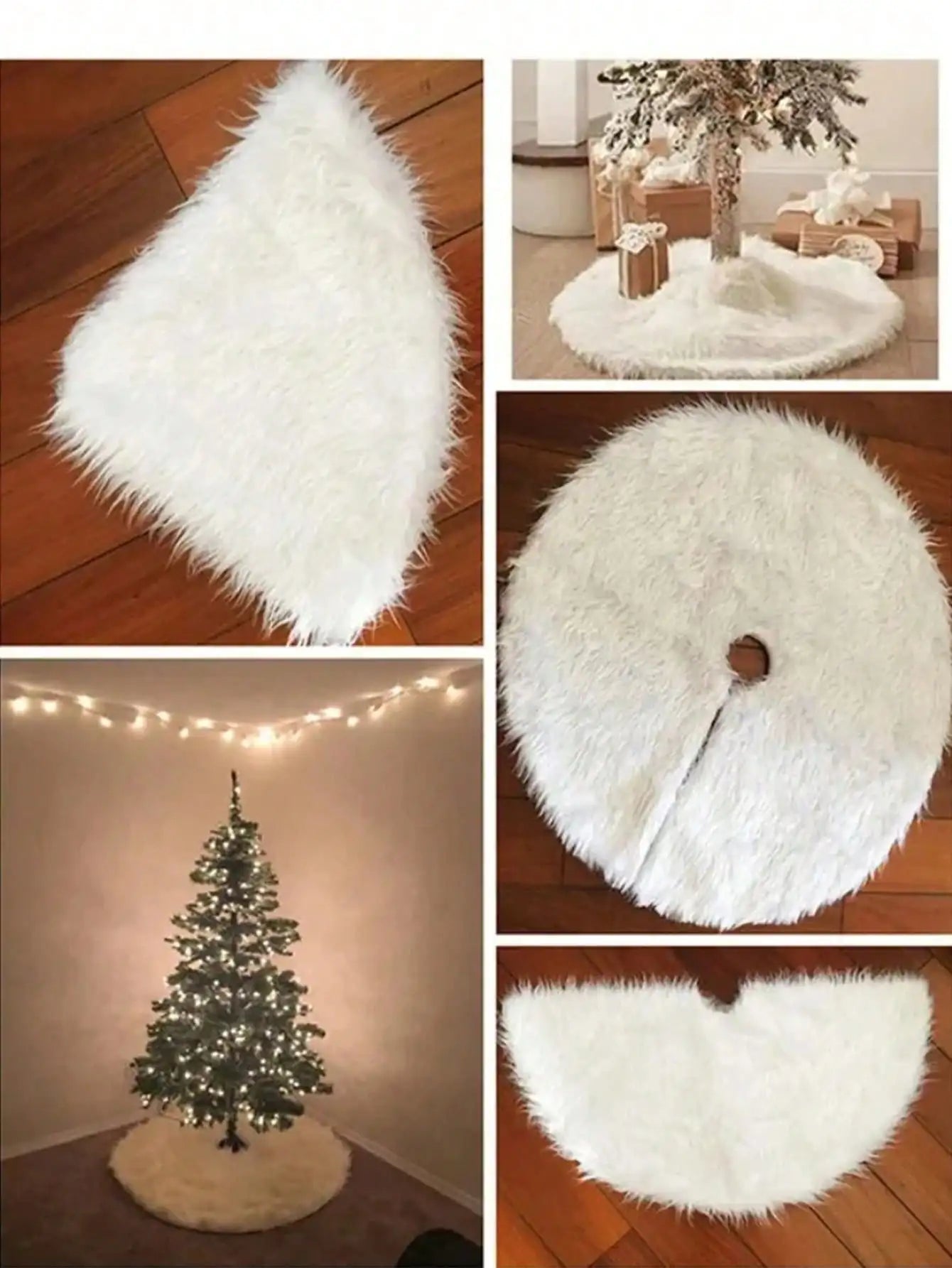 White Fluffy Christmas Tree Skirt – Plush Carpet Decoration for Merry Christmas, New Year & Xmas Trees