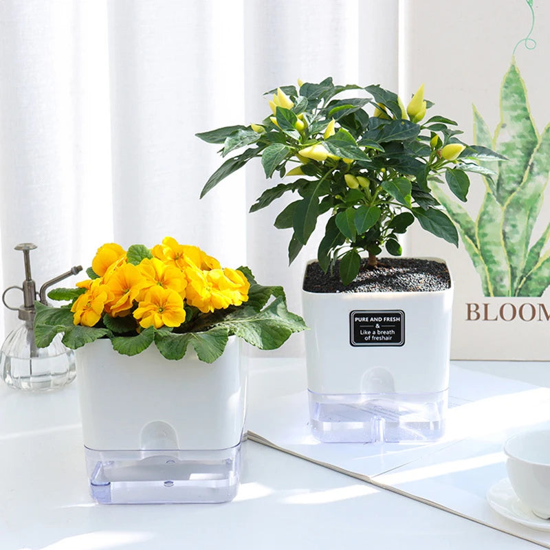 Double-Deck Self-Watering Flower Pot - Magnetic Plastic Planter with Self-Absorbing Cotton Wick for Indoor Plants, Home, and Garden