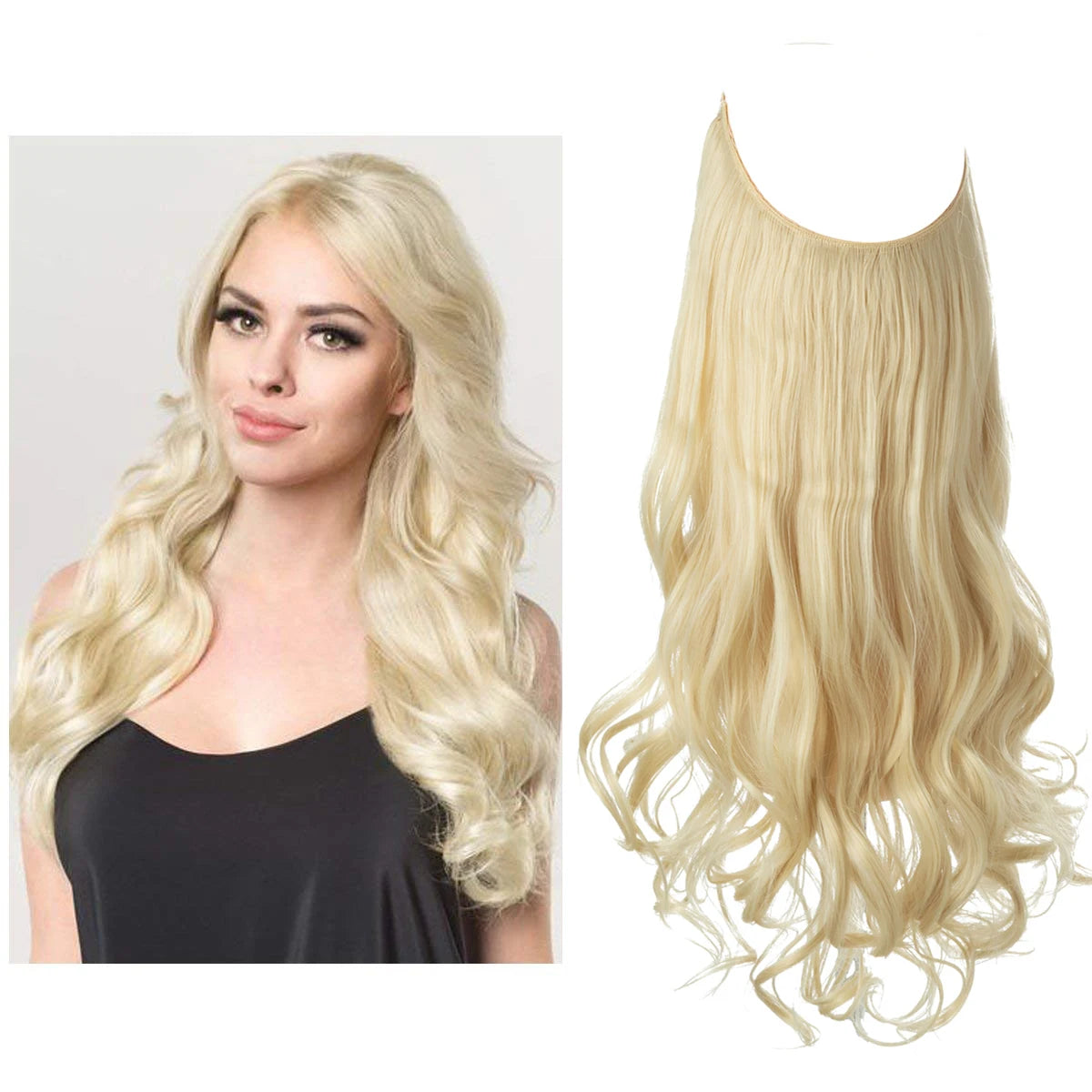 Synthetic Ombre Hair Extension - One Piece Invisible Wire Long Wavy Clipless False Hairpiece Black Blonde Pink