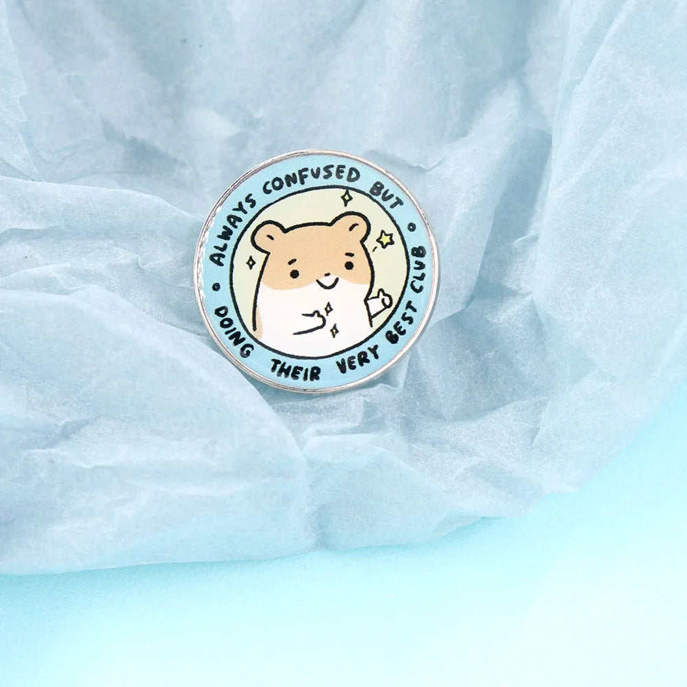 Funny Kawaii Hamster Lapel Pin – “Always Confused But Doing My Best” Cute Gift Decoration