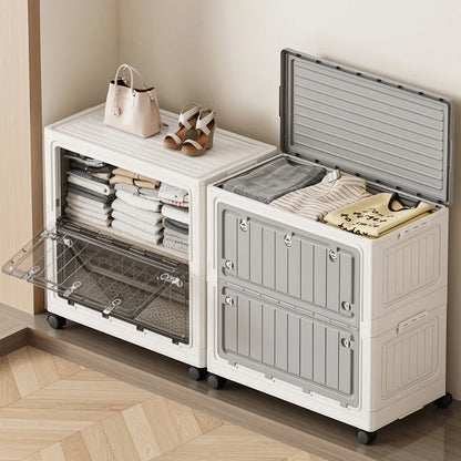 Large Capacity Foldable Storage Bin - Transparent Mobile Organizer with Wheels for Clothes & Toys