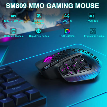 SOLAKAKA SM809 Pro MMO Gaming Mouse - 16-Button Wireless RGB Mouse with 24000 DPI & Programmable Macros