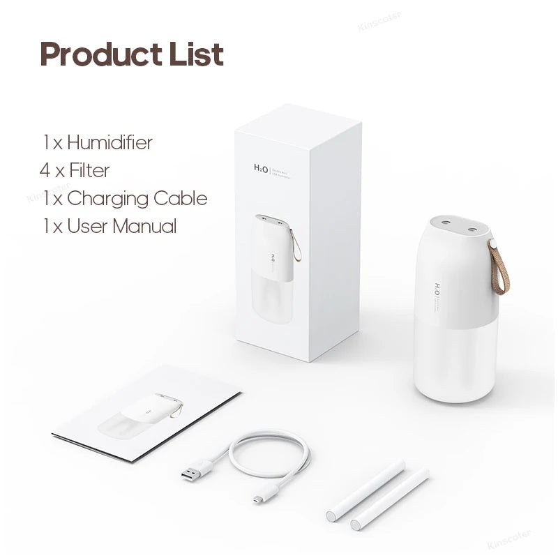 KINSCOTER Portable Double Mist Air Humidifier – 300ml Cold Mist Diffuser, 2000mAh Car Air Purifier & USB Mini Air Freshener