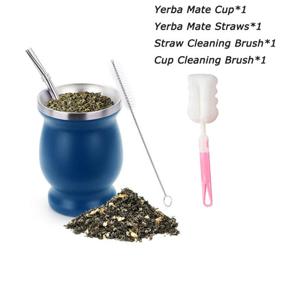 8oz 304 Stainless Steel Yerba Mate Cup Set – Double Wall Argentine Gourd with Bombilla Straw & Cleaning Brush Travel Mug