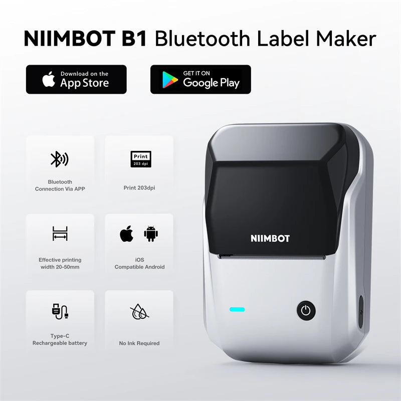 NIIMBOT B1 Portable 2-Inch Thermal Label Printer – Mini Bluetooth Adhesive Sticker Maker for Smartphone & PC