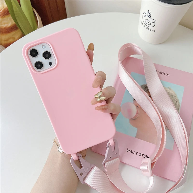 Crossbody Lanyard Silicone Soft Case for iPhone – Shockproof Necklace Strap Cover for iPhone 7–15 Pro Max, XR, XS, X, 11–14